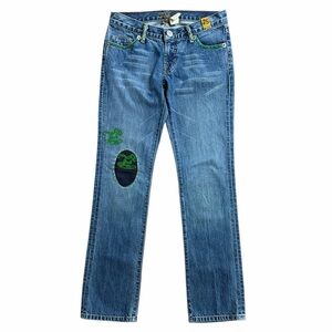 JULY 25 Women Sz 27 Straight Leg Blue Green Patch Stitch Hand Painted Jeans